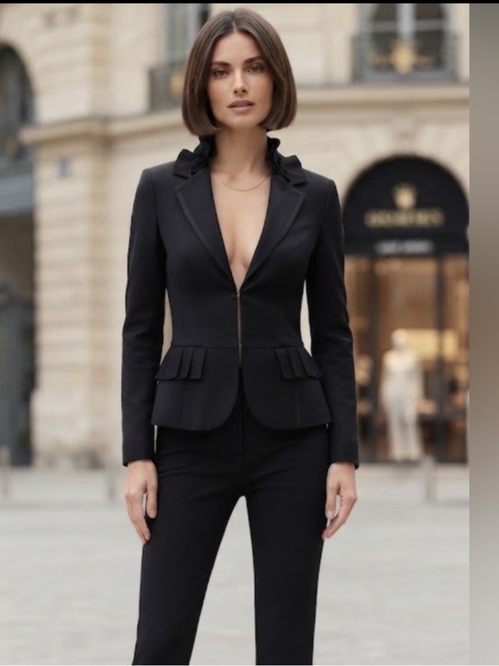 White House Black Market Black Ruffled Collar Structured Blazer with Plunge Neck